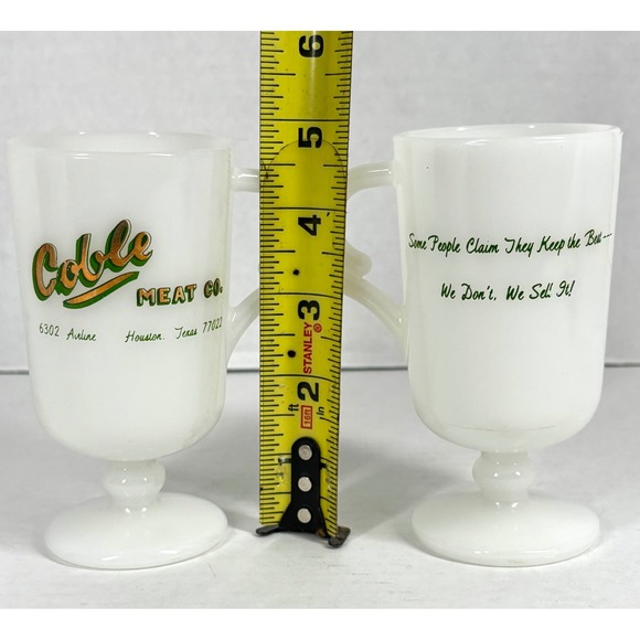 2 VTG MCM Milk Glass Footed Coffee Mugs SET Floral Band Pedestal Cobble Meat TX - Picture 6 of 10